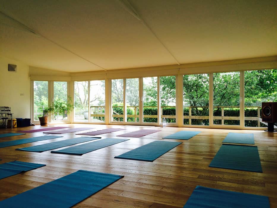 yoga room in lake district with mats and view