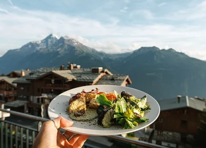 vegetarian dinner with french alps backdrop