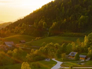 aerial view of sunset on mountains in slovenia countryside
