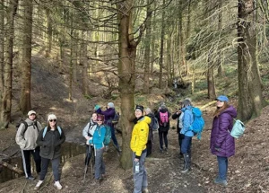 group of people on a hike through the woods in derbyshire