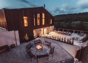 yoga venue in the peak district in winter with outdoor fire pit