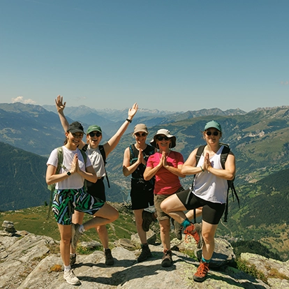 french alps hiking yoga holiday group posing